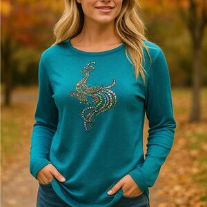 Bob Mackie Wearable Art Teal Metallic Shimmering Sweater Peacock Embroidered SM